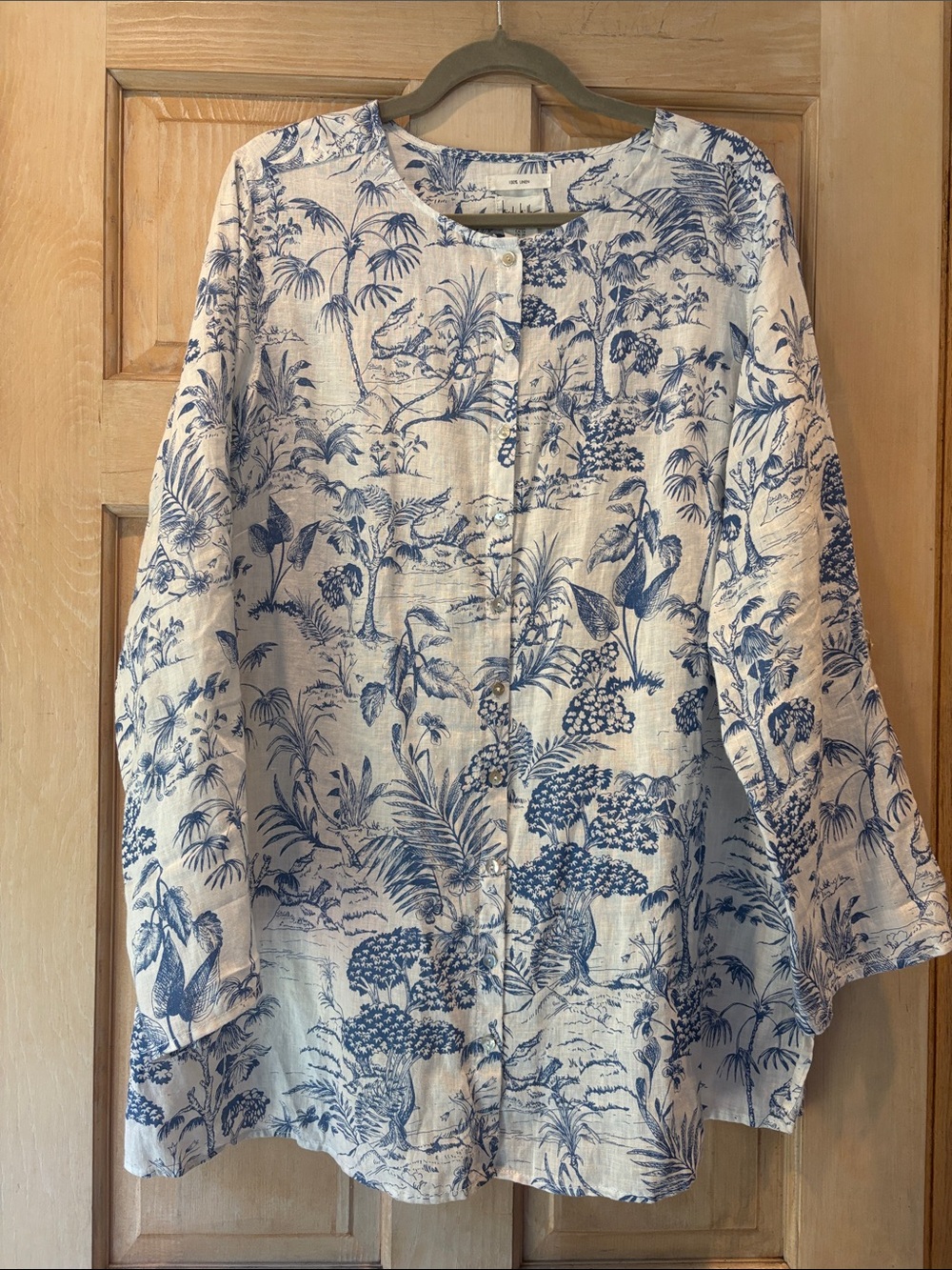 Nicole Miller 100% Linen Blue & White Botanical Button-Front Tunic 1X
